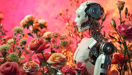 Robot among floral arrangements on a pink background. The concept of robotics and floristry.の素材