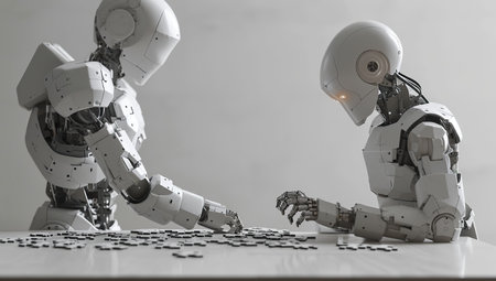 Robots are playing puzzles at a table, demonstrating the ability to collaborate and solve problems. The concept of learning and artificial intelligence development.の素材