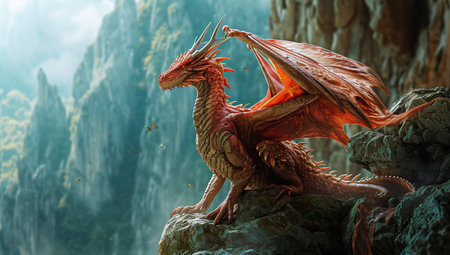 Dragon on a cliff with wings spread, ready to take flight. The concept of a mythical creature.の素材