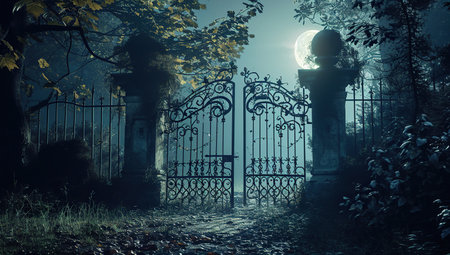 Closed gates in a park under the light of a full moon, surrounded by trees and glowing particles. The concept of mystery and anticipation.の素材