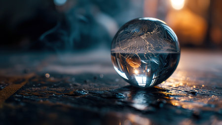 Glass sphere on a wooden surface with light reflection. The concept of prediction and mystique.の素材