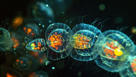 Photograph of colorful microscopic organisms resembling jellyfish in a dark field of view. Marine plankton concept.の素材