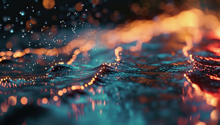 A water surface with reflecting lights and droplets.の素材