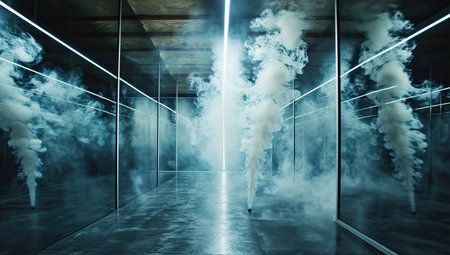 A mirrored corridor with rising smoke streams and glowing lines.の素材