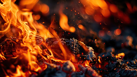 Lively fire with sparks, flames dancing in the air.の素材