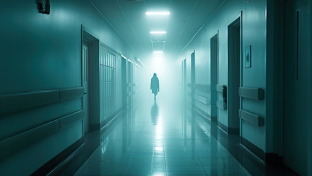 A silhouette of a person in a hospital corridor lit with bright light. The concept of solitude and reflection.の素材