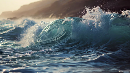 An ocean wave catching the last rays of sunset, creating splashes. The concept of the force and beauty of nature.の素材