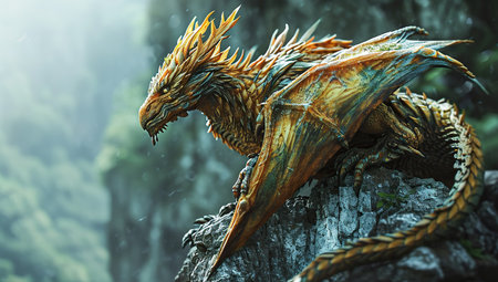 A dragon perched on a cliff in a misty jungle setting. Fantasy concept.の素材