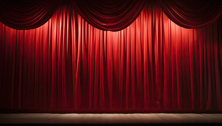 A closed red theater curtain.の素材