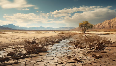 A desert landscape with a lone tree and dried-up plants against a backdrop of mountains. The concept of climate change and drought.の素材