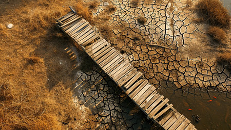 Arid land with cracks, a wooden bridge over a dried-up pond, dry vegetation. The concept of drought and climate change.の素材