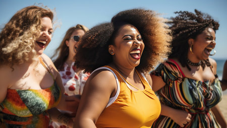 Laughing women of diverse backgrounds on the beach. The concept of friendship and joy.の素材