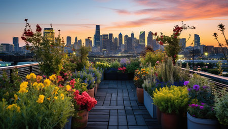 A colorful rooftop garden overlooking an urban skyline at dusk. The concept of urban gardening and green spaces in the city.の素材