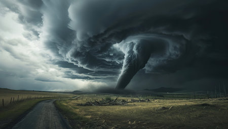 A powerful tornado against storm clouds over rural land, the threat of natural disasters. The concept of the power of nature and the danger of tornadoes.の素材