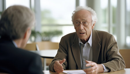 Elderly white man in a beige jacket discussing documents. The concept of a business meeting or consultation.の素材