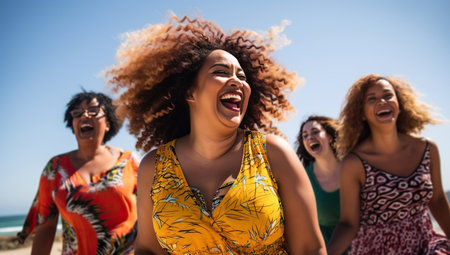 A group of women laughing happily on the beach. The concept of friendship and joy.の素材