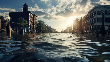 Flooded city streets under clear sky. The concept of climate change and its impact on urban areas.の素材