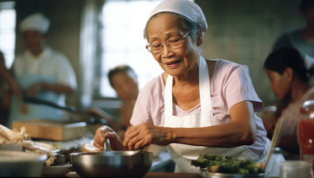 A smiling elderly woman cooks in a rustic style kitchen. The concept of home comfort and cooking.の素材