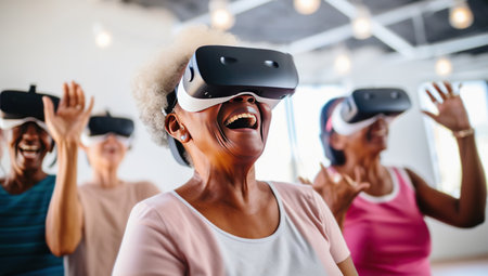 A group of elderly people using virtual reality for entertainment. The concept of technology and active aging.の素材
