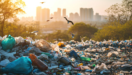 Garbage dump in the foreground with scattered waste, city buildings in the background, and flying birds. The concept of environmental pollution and urbanization.の素材