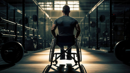 A man in a wheelchair in the gym, facing away, symbolizes determination and strength of spirit. The concept of adaptive fitness and motivation.の素材
