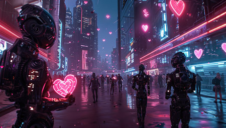 Robots in an urban landscape with neon hearts. The concept of futuristic love.の素材