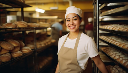 Young white female baker with long blonde hair in a white hat and beige apron smiling against a backdrop of bread shelves. The concept of the baking profession.の素材