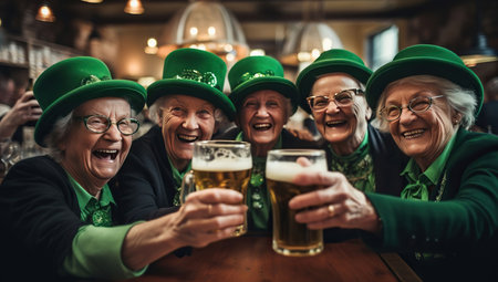 Elderly women in green hats toasting with beer in a pub. The concept of celebrating Saint Patrick's Day.の素材