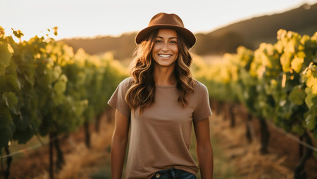 Smiling woman in a hat against the backdrop of a vineyard at sunset. The concept of pleasure and harmony with nature.の素材