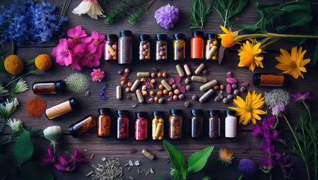 Various medicinal herbs and supplements in jars on a wooden surface. The concept of natural medicine and health.の素材