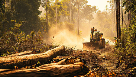 Tropical forest being cleared, an excavator clearing land of vegetation, dust in the air. The concept of deforestation and human impact on nature.の素材
