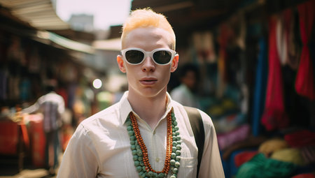 A young albino man in white sunglasses and necklaces stands in the market.の素材