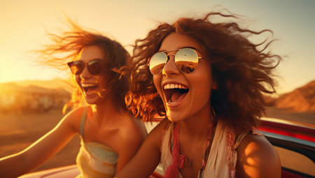 Two women enjoying a car ride at sunset. The concept of freedom and adventure.の素材