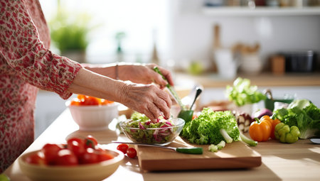 An elderly woman preparing a salad in the kitchen, surrounded by fresh vegetables. The concept of healthy eating and home cooking.の素材