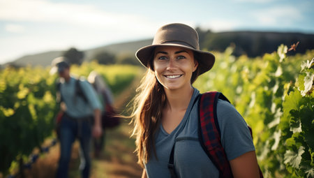 Young woman in a hat with a backpack standing in a vineyard, against a group of people. The concept of wine tourism.の素材