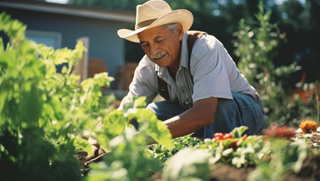 An elderly man in a hat is gardening, working in the vegetable garden. The concept of labor and plant care.の素材