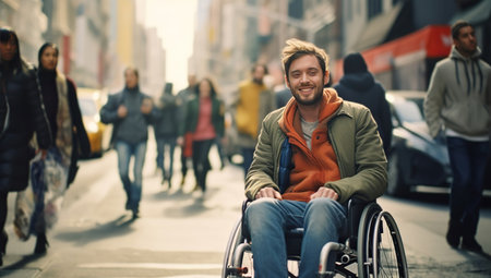 Young white man in a wheelchair against a backdrop of passing people in an urban environment. The concept of accessibility and inclusivity.の素材