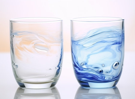 Two glass tumblers with water against a light background.の素材