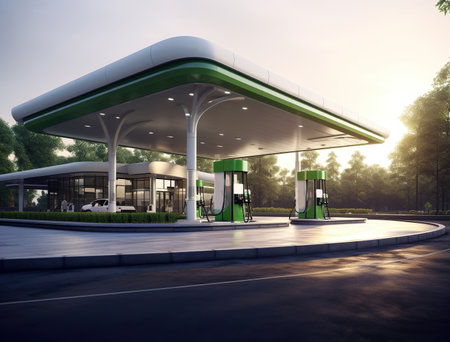 A modern gas station with white and green design elements, surrounded by greenery and illuminated by soft sunlight, reflecting cleanliness and eco-friendliness.の素材