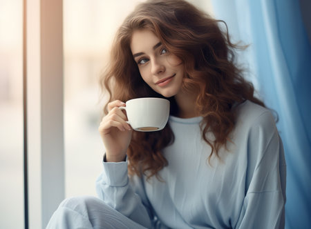 A young Caucasian European woman with long wavy hair holding a white cup, in a light blue sweater, smiling, sitting by the window with daylight.の素材
