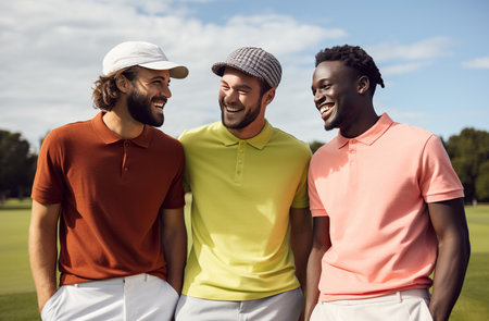 Three young men of different ethnicities in bright polo shirts smiling and talking on a golf course.の素材