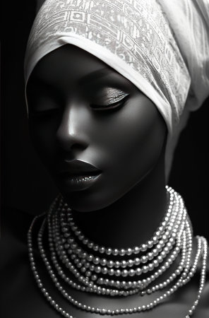 Portrait of a young Black woman wearing a white headscarf and layered pearl necklaces.の素材
