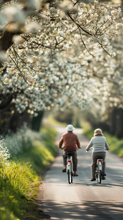 Elderly couple on bicycles among spring blossoms. The concept of active longevity and romance.の素材