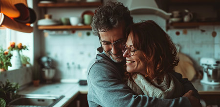 Embracing couple in the kitchen, a man with gray hair and a brunette woman. The concept of home comfort and love.の素材