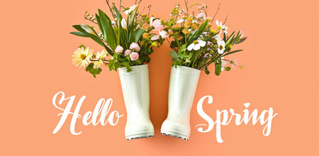 White rubber boots with flowers on an orange background. The concept of welcoming spring.の素材