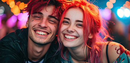 Young smiling couple with red hair against a night city background. Theの素材