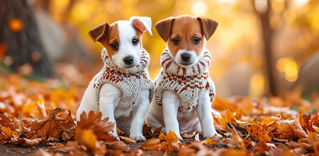 Puppies in sweaters among autumn leaves. The concept of coziness and home warmth.の素材