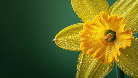 Yellow daffodil with dew drops on a green background. The concept of nature and freshness.の素材