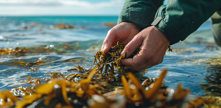 Human hands gathering seaweed in the sea. The concept of sustainable resource harvesting and marine life.の素材