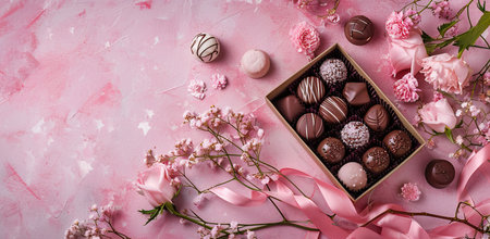Chocolates in a box with flowers and ribbons on a pink background. The concept of Valentine's Day.の素材